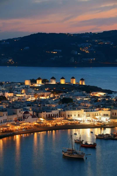 Windmolen Baai Als Beroemde Bezienswaardigheid Nachts Mykonos Island Griekenland — Stockfoto