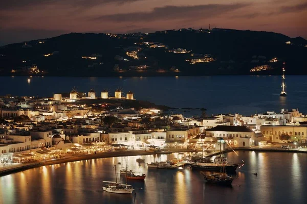 Moinho Vento Baía Como Famoso Marco Noite Ilha Mykonos Grécia — Fotografia de Stock