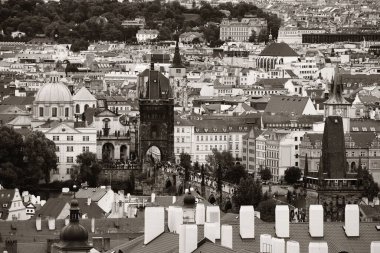 Prag, Çek Cumhuriyeti 'ndeki tarihi binalarla çatısı manzaralı.