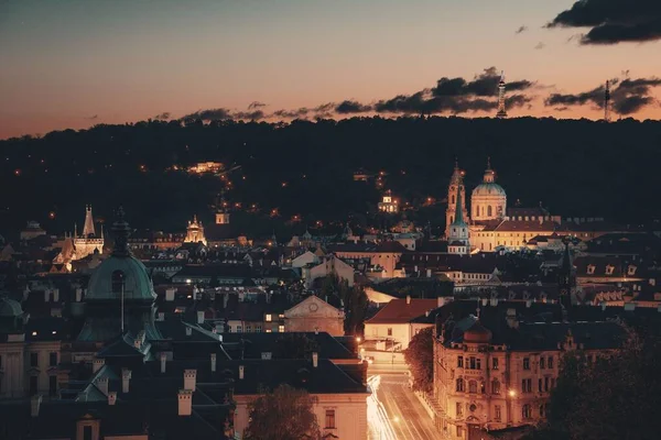 Prag Skyline Takutsikt Med Kyrka Och Kupol Tjeckien Natten — Stockfoto