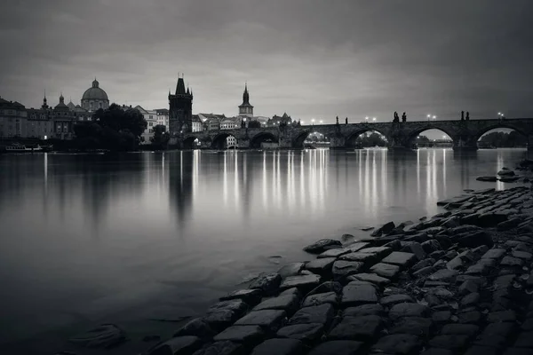 Prague Skyline Bridge River Czech Republic Night — Stock Photo, Image