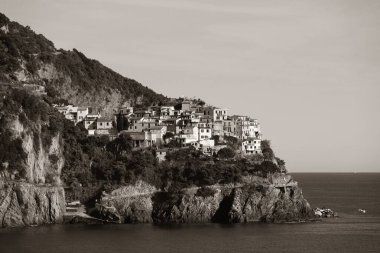Manarola binaları İtalya 'daki Cinque Terre' de Corniglia 'dan izlendi 