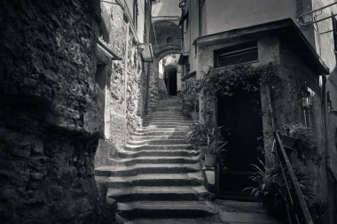 Cinque Terre, İtalya 'da tipik Riomaggiore sokak manzarası.