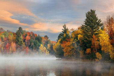 New England Stowe 'da sonbahar yaprakları ve dağları ile birlikte sisli gün doğumu