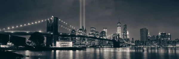 New York City Centrum Brooklyn Bridge Och September Hyllning Natten — Stockfoto