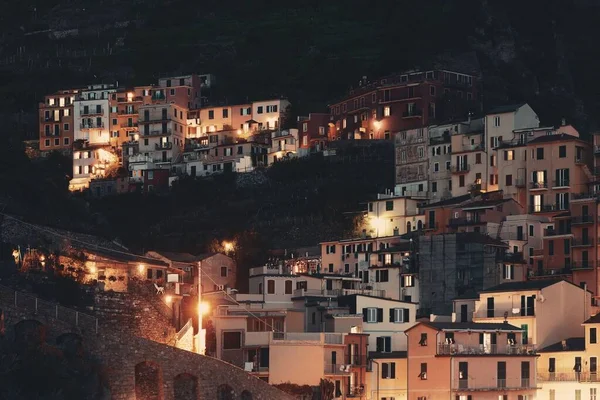 Edifícios Residentes Estilo Italiano Sobre Penhasco Manarola Cinque Terre Noite — Fotografia de Stock