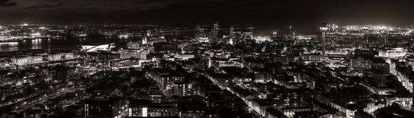 Liverpool skyline rooftop view at night with buildings in England in United Kingdom