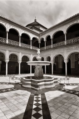 İspanya, Sevilla 'da güzel desenleri ve dekorasyonu olan Casa de Pilatos avlusu..