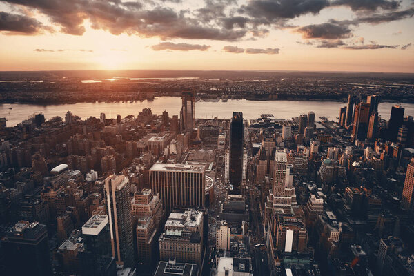 New York City west side sunset with urban cityscape view.