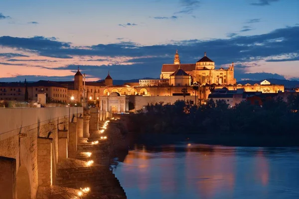 Moschea Cattedrale Antico Ponte Skyline Della Città Cordova Notte Spagna — Foto Stock