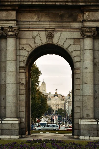 Puerta Alcala Alcala Gate Arch Close Uitzicht Madrid Spanje — Stockfoto