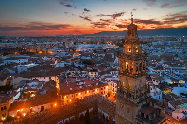 Mezquita Catedral Córdoba Campanario Vista Aérea Por Noche España —  Fotos de Stock