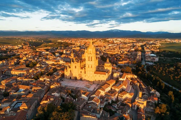 Letecký Pohled Katedrálu Segovia Při Východu Slunce Španělsku — Stock fotografie