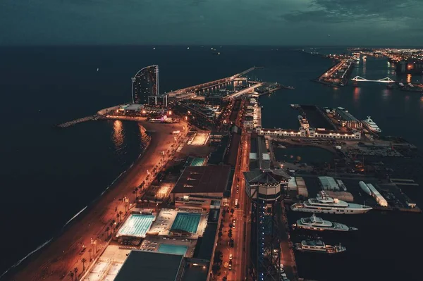 Vista Aérea Del Muelle Costa Barcelona Por Noche España — Foto de Stock