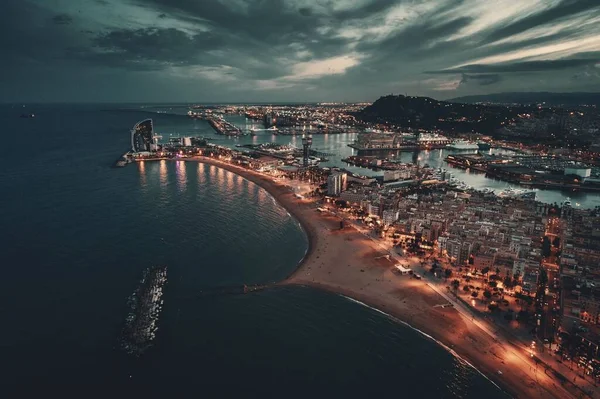 Vista Aérea Del Muelle Costa Barcelona Por Noche España —  Fotos de Stock