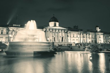 Trafalgar Meydanı Çeşmesi ve Londra national gallery ile gece