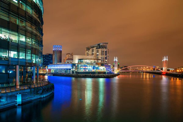 Salford Quays business district at night in Manchester, England, United Kingdom