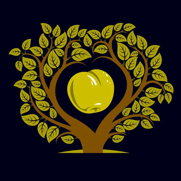 Árbol con ramas en forma de corazón con manzana — Vector de stock