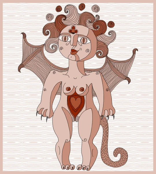 Criatura extraña, mujer desnuda con alas — Vector de stock
