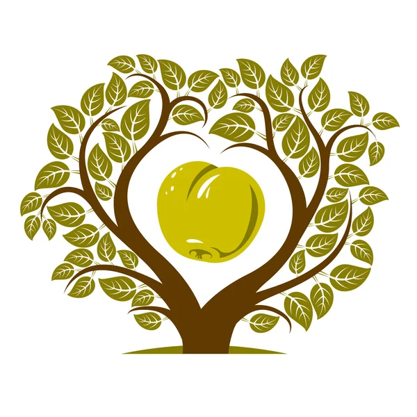 Árbol con ramas en forma de corazón con manzana — Vector de stock