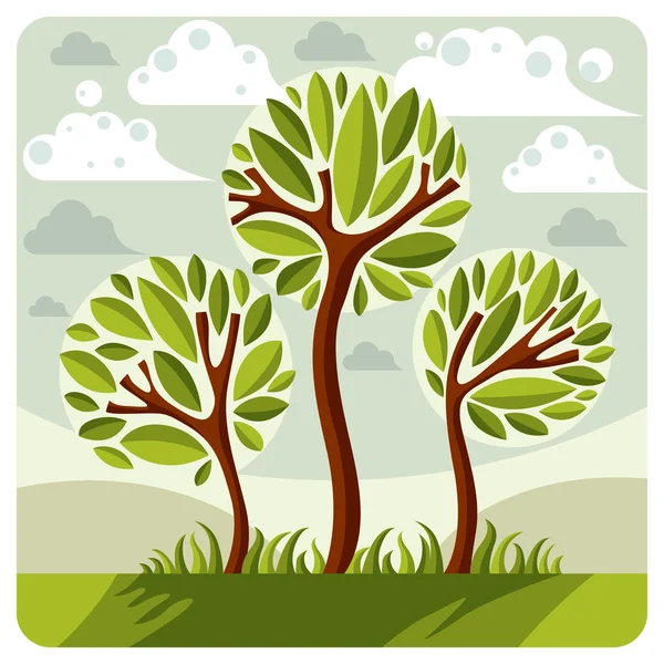 Fantasy landscape with stylized trees — Stockvector