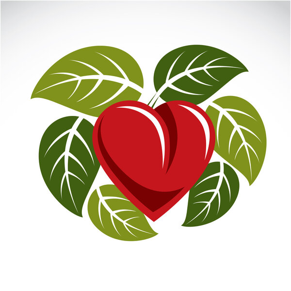 Beautiful red heart with leaves 
