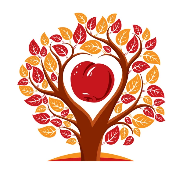 Árbol con ramas en forma de corazón con manzana — Vector de stock