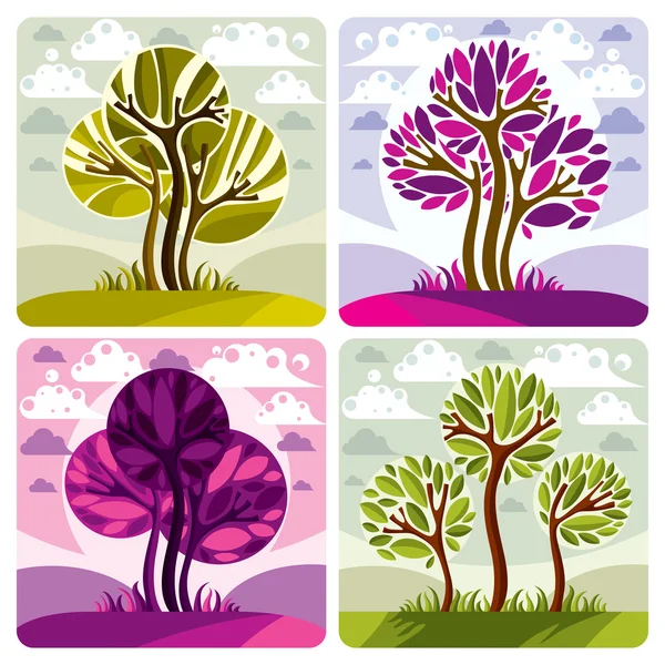 Groene en paarse bomen op mooie tuben — Stockvector