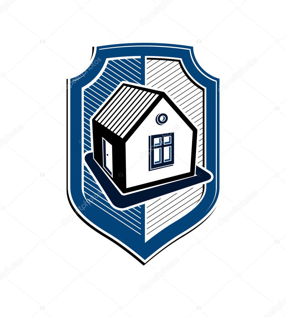 Home insurance vector conceptual icon, protection shield with a simple house. Design element, construction idea. Heraldry