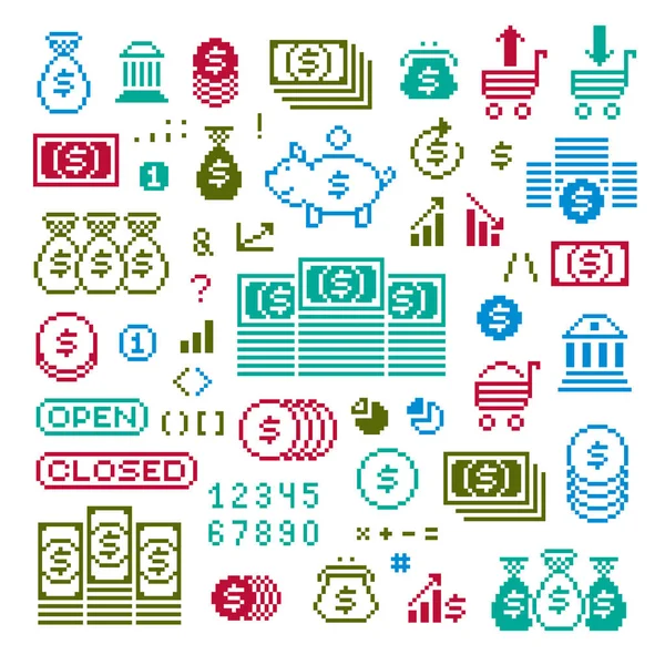 Conjunto de ícones de pixel de negócios e finanças — Vetor de Stock