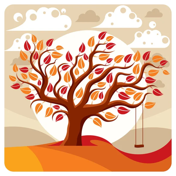 Tree with swing at nature landscape — Stock Vector