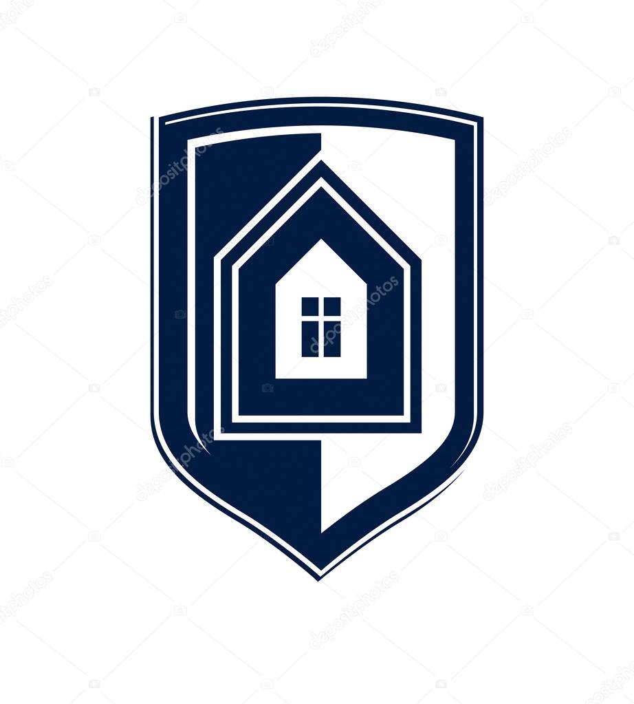 Property protection idea, stylized heraldic symbol with vector classic house. Real estate agency graphic element