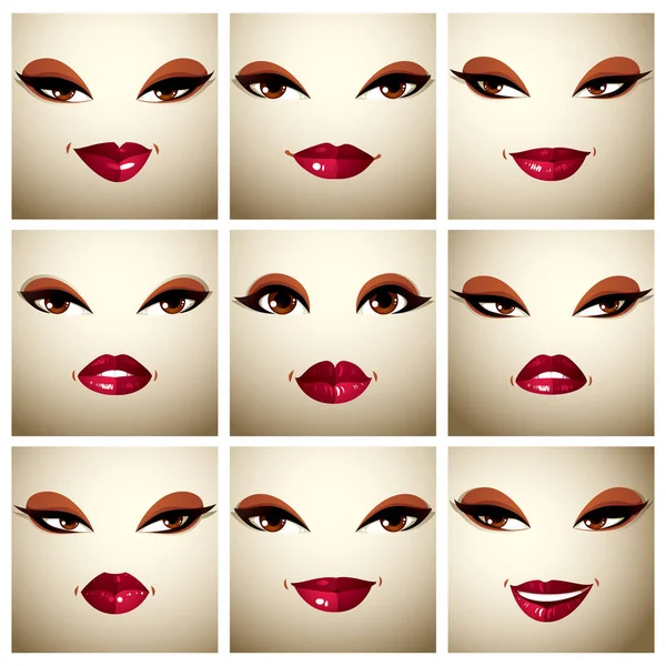 Uppsättning av kvinnor ansikten med olika känslor — Stock vektor