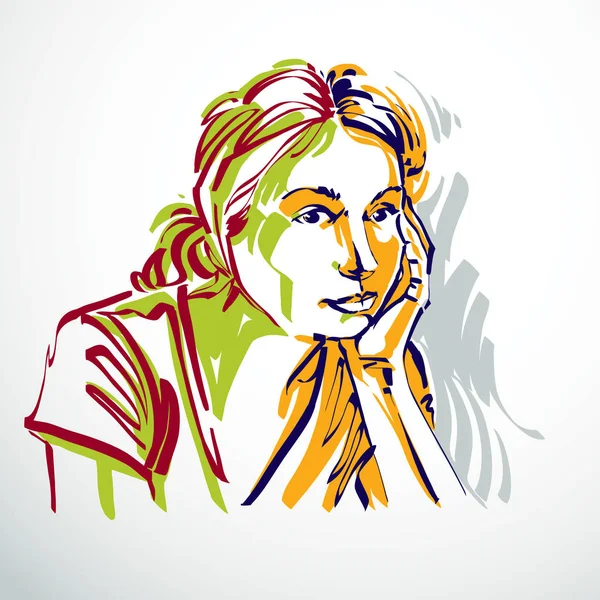 Portret van de hand getekende meisje — Stockvector