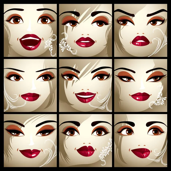 Set of women faces with different emotions — Stock Vector