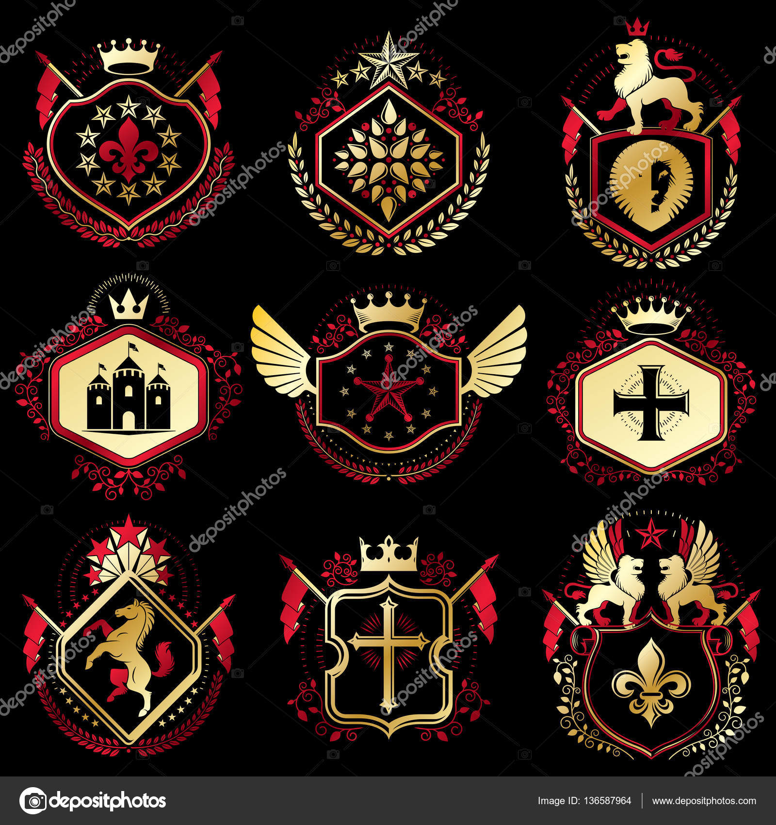 Set Of Heraldic Emblems With Royal Crowns — Stock Vector