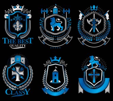 set of heraldic emblems with royal crowns clipart