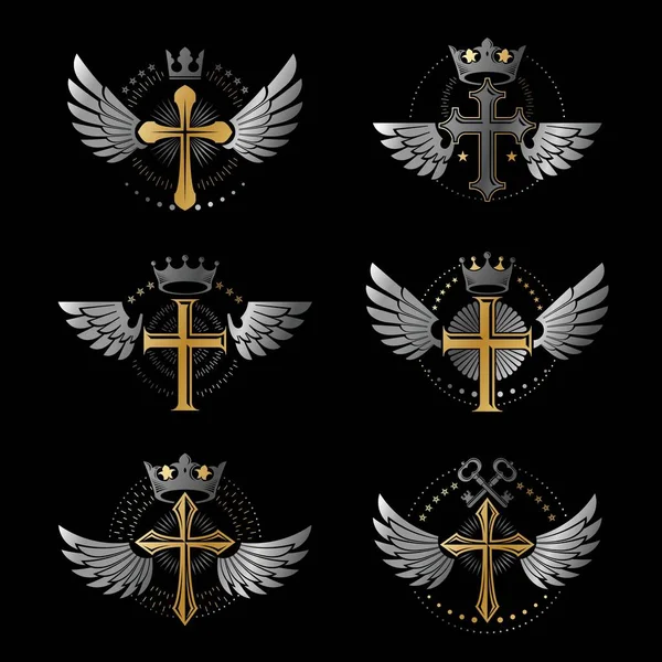 Serie di emblemi araldici con corone reali — Vettoriale Stock
