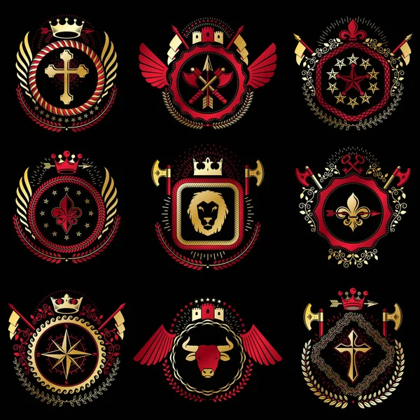 Conjunto de emblemas heráldicos con coronas reales — Vector de stock