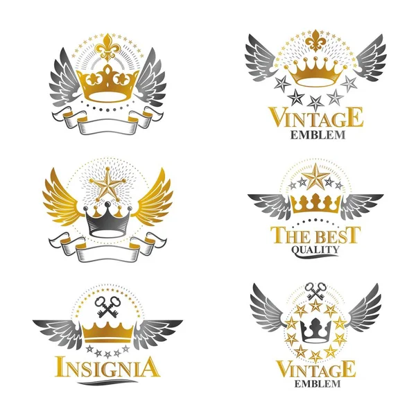 Set of heraldic emblems with royal crowns — Stock Vector