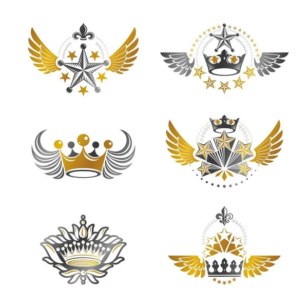 Conjunto de emblemas heráldicos com coroas reais — Vetor de Stock