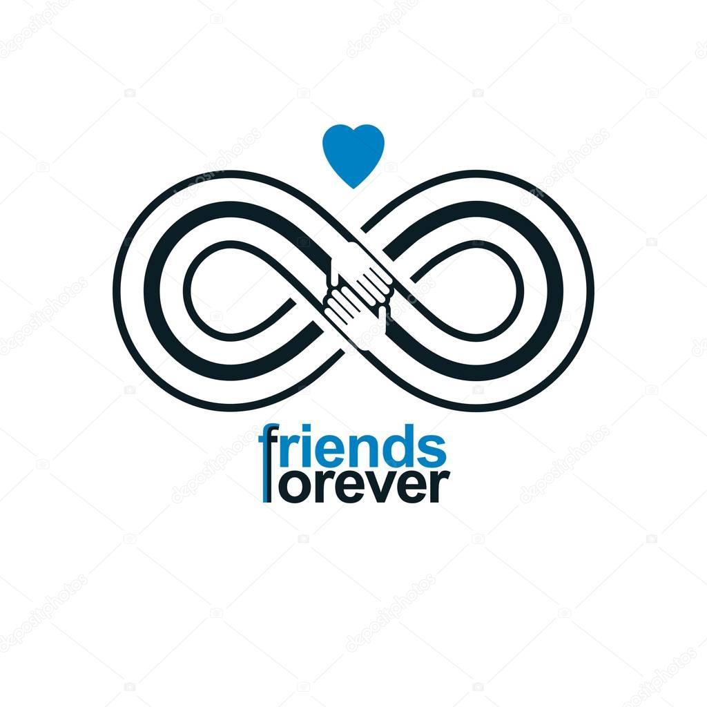 Friends Forever, everlasting friendship unusual vector logo combined with two symbols of Infinity and human hands.
