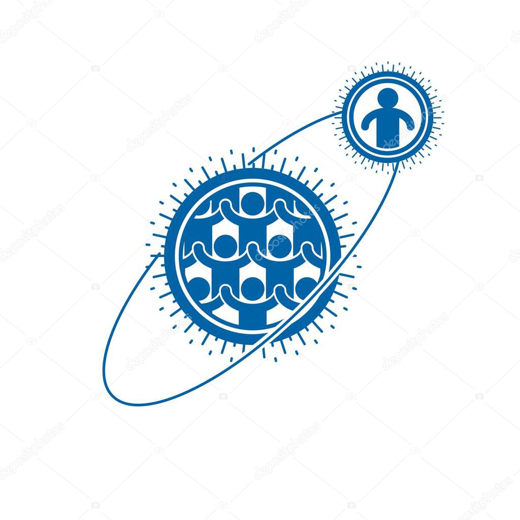 Society and Person interaction creative logo, unique vector symbol created with different icons. System and social Matrix sign. Person and society interacts with each other.