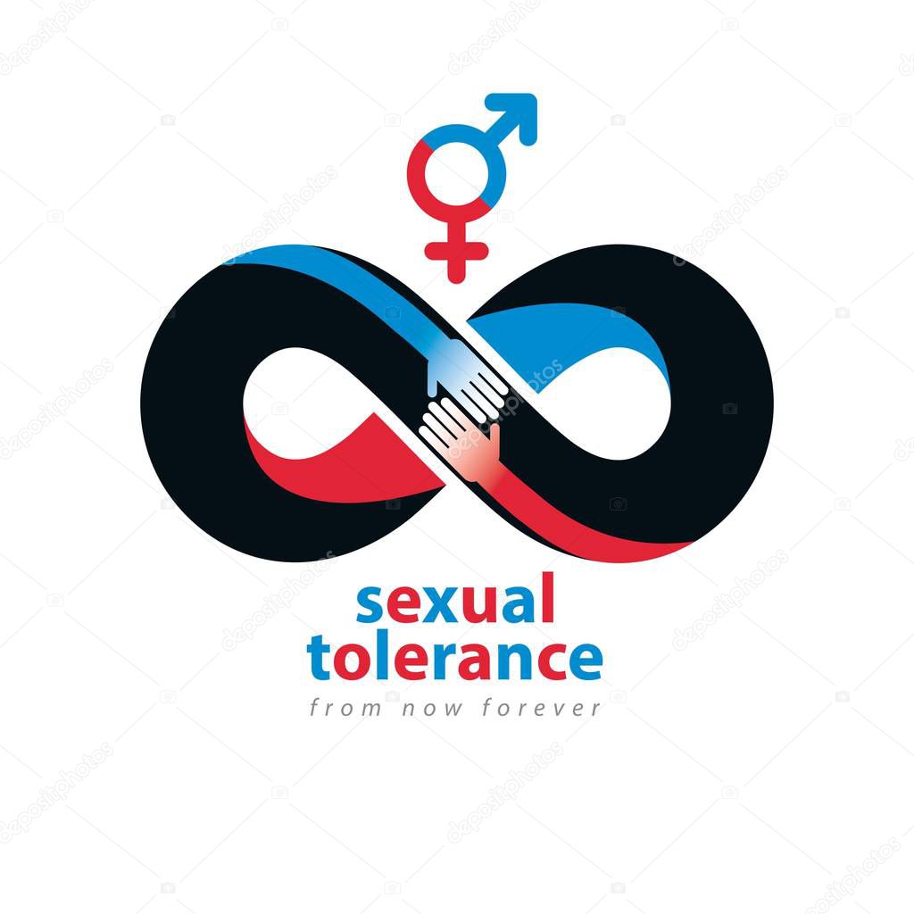 Sexual Tolerance hetero and homosexuals conceptual symbol, Zero tolerance, vector symbol created with infinity loop sign and two hands of people of different orientation touching and reaching each other.
