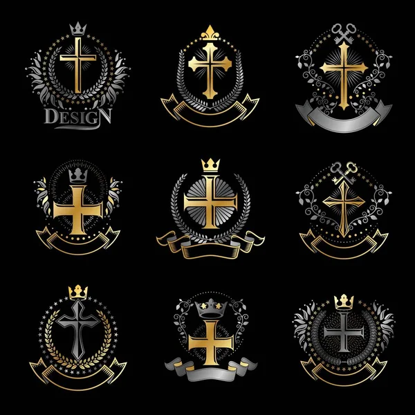 Conjunto de emblemas heráldicos con coronas reales — Archivo Imágenes Vectoriales