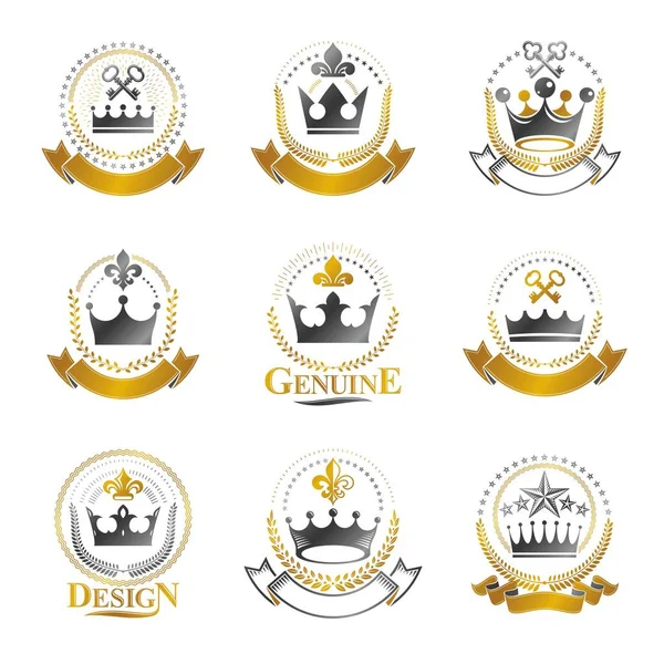 Set of heraldic emblems with royal crowns — Stock Vector