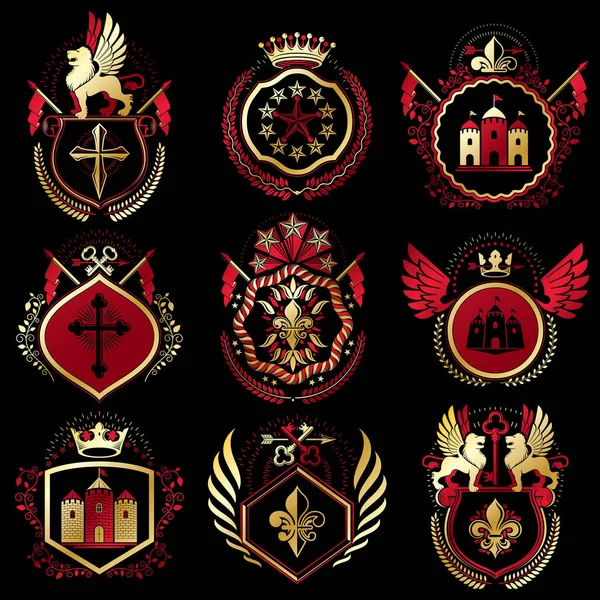 Set of heraldic emblems with royal crowns — Stock Vector
