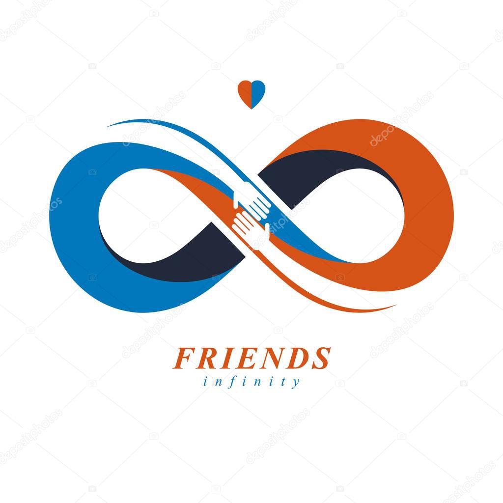 Friends Forever, everlasting friendship unusual vector logo combined with two symbols of Infinity and human hands.