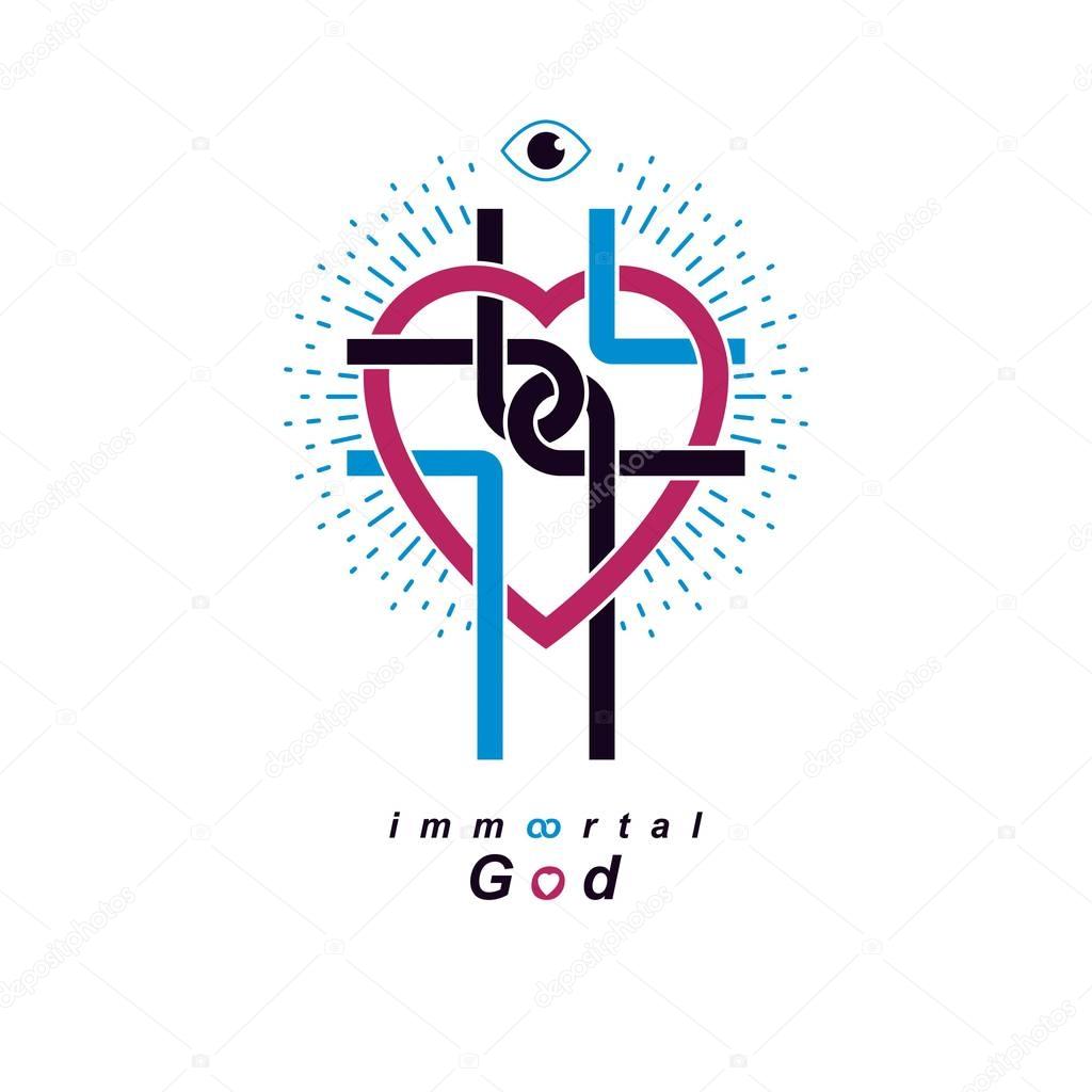 Love of God conceptual symbol combined with Christian Cross and heart, vector creative logo.