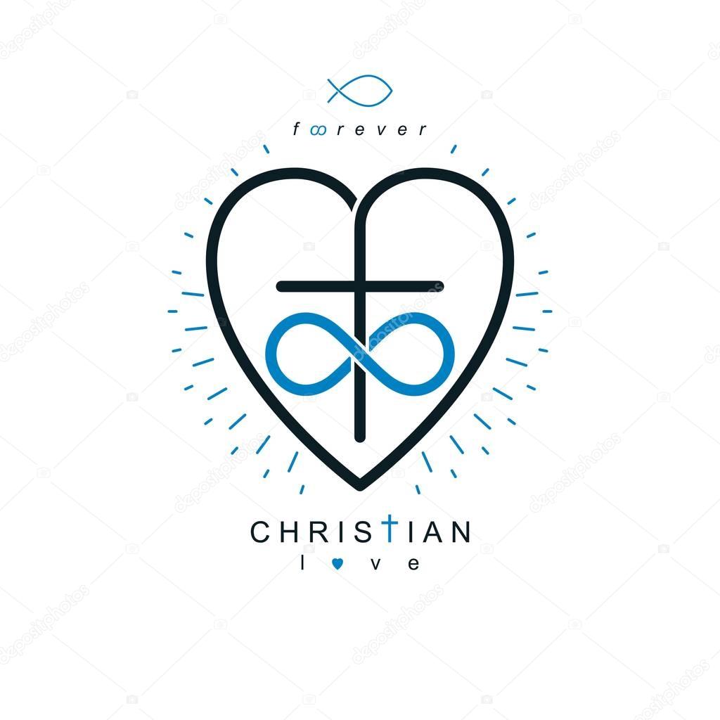 Immortal Love of God conceptual symbol combined with infinity loop sign and Christian Cross with heart, vector creative logo.